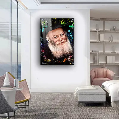 595 - ציור פופארט של הרבי מליובאוויטש מחייך על קנבס או זכוכית מחוסמת