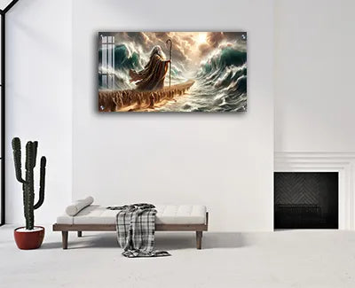 2055 - ציור יהדות של מלבני של משה רבנו בקריעת ים סוף על קנבס או זכוכית