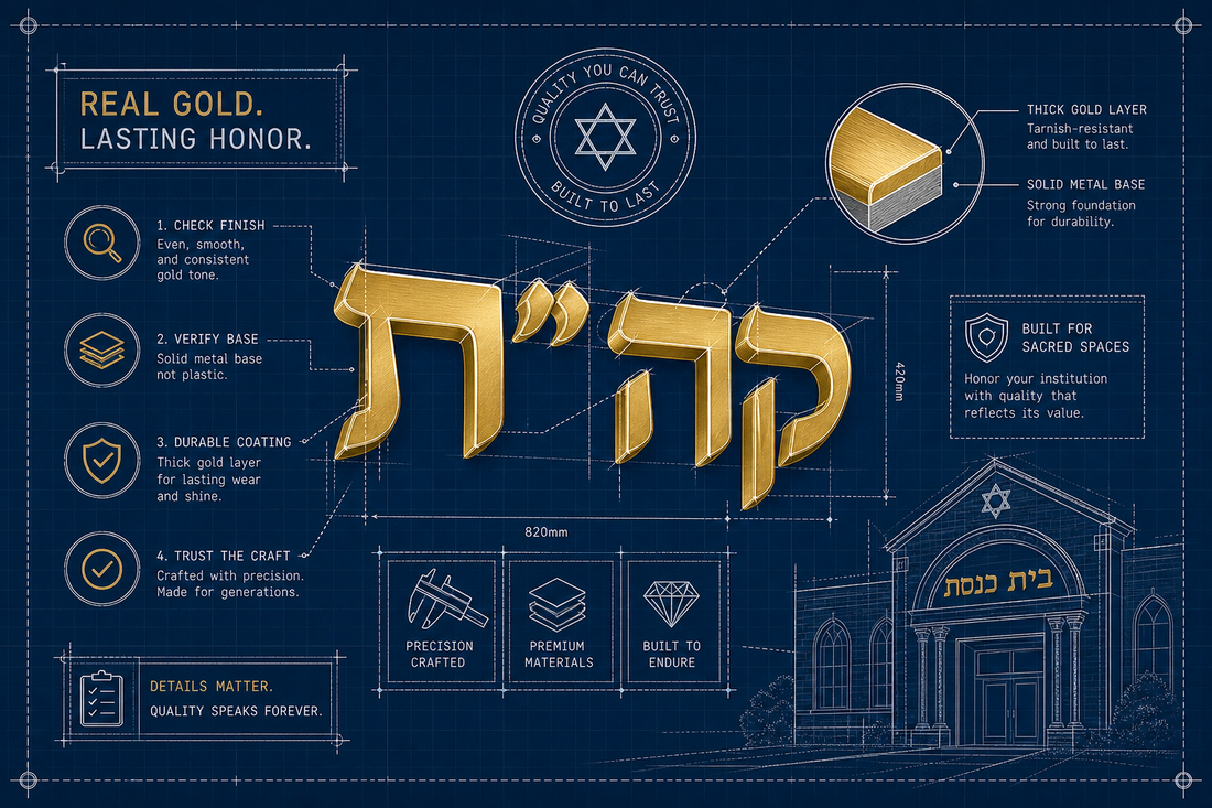 Real gold-plated Hebrew letters installed in a synagogue sanctuary, showing 18K electroplated brass signage