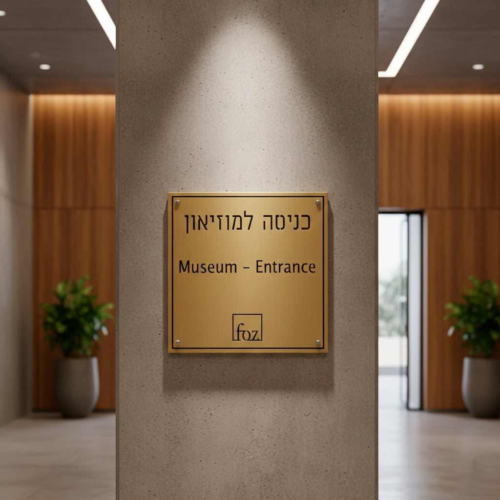 שלט פליז יוקרתי בגימור מוברש עם חריטה עמוקה לכניסה למוזיאון, מותקן על קיר בטון אדריכלי - סטודיו אספקלריה
