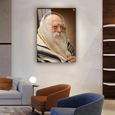 5051 - תמונה של הרב חיים קנייבסקי מחייך עם טלית להדפסה על קנבס או זכוכית