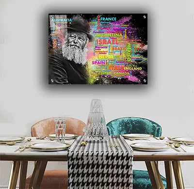 538 – ציור של הרבי מליובאוויטש על רקע שמות מדינות העולם על קנבס או זכוכית