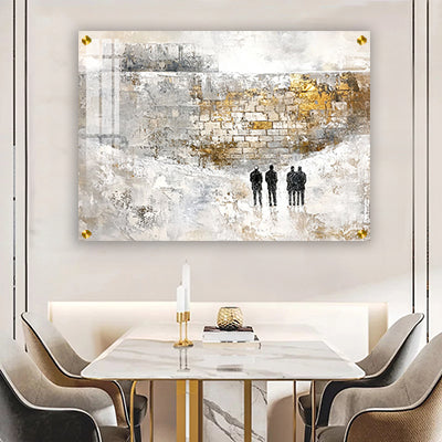 2028 - ציור אבסטרקט של הכותל בגווני לבן וזהב על קנבס או זכוכית