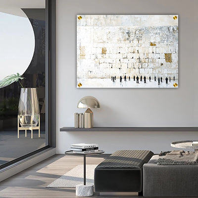 2060 - ציור אבסטרקט של הכותל בגווני לבן וזהב על קנבס או זכוכית