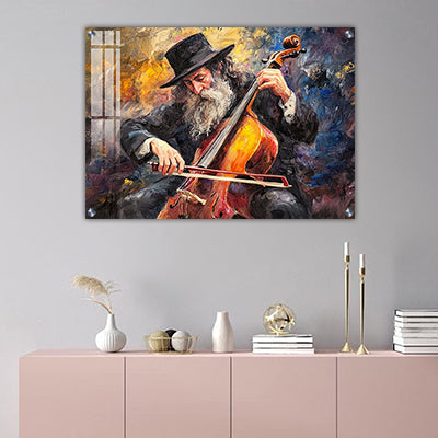 2033 - ציור צבעוני של חסיד מנגן בכינור על קנבס או זכוכית