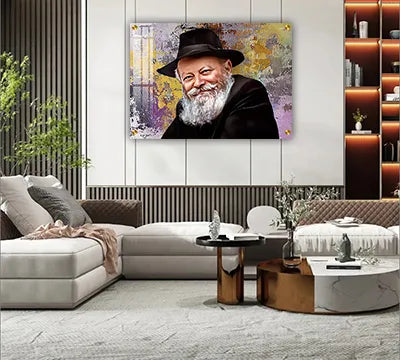 696 - ציור מודרני וצבעוני של הרבי מליובאוויטש מחייך על קנבס או זכוכית