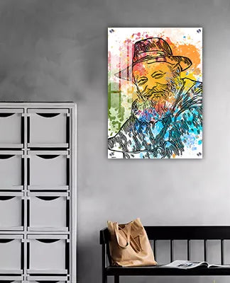 914 - ציור מודרני וצבעוני של הרבי מליובאוויטש מחייך על קנבס או זכוכית