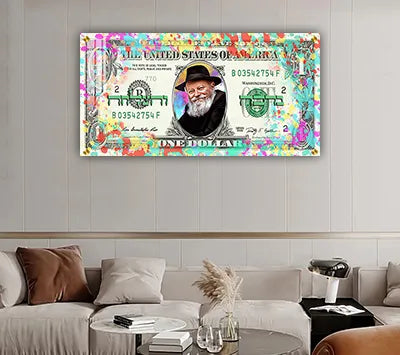 916 - ציור של הרבי מלובביץ על רקע שטר דולר צבעוני על קנבס או זכוכית