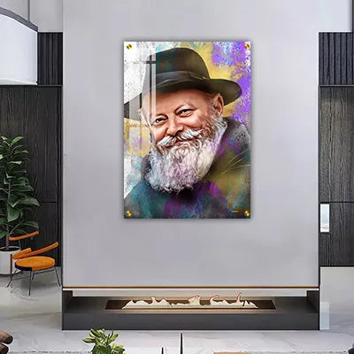 921 - ציור פופ ארט של הרבי מליובאוויטש מחייך על קנבס או זכוכית