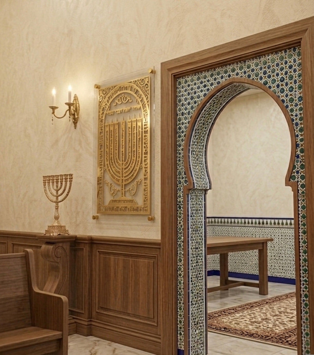  לוח פליז מנורה בעיצוב יהודי מסורתי בבית כנסת – שלט